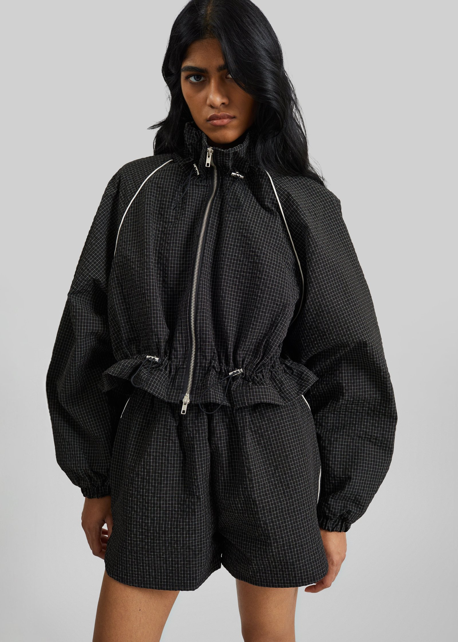 Arizona Seersucker Drawstring Track Jacket - Checked Black - Image 9