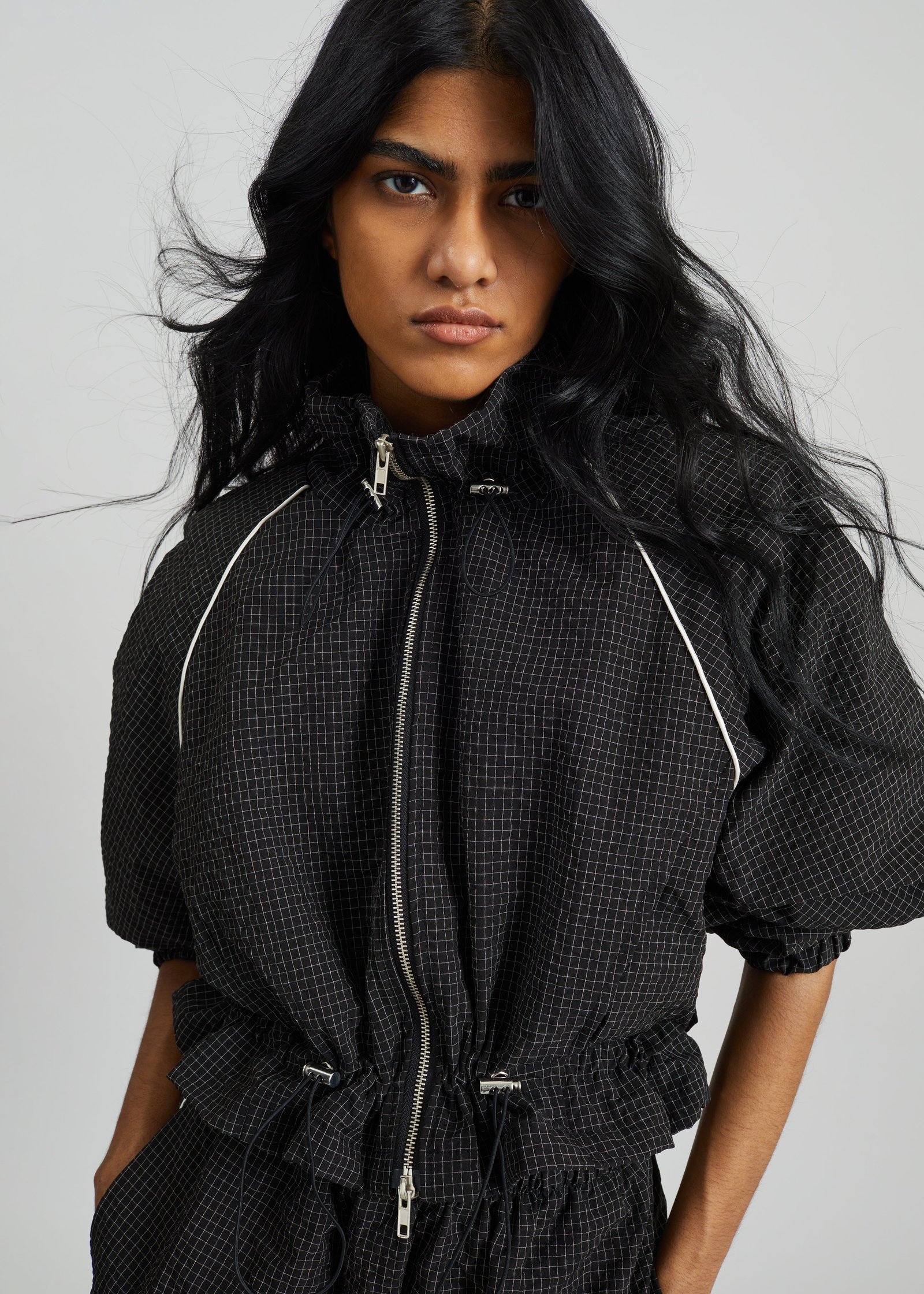 Arizona Seersucker Drawstring Track Jacket - Checked Black - Image 2