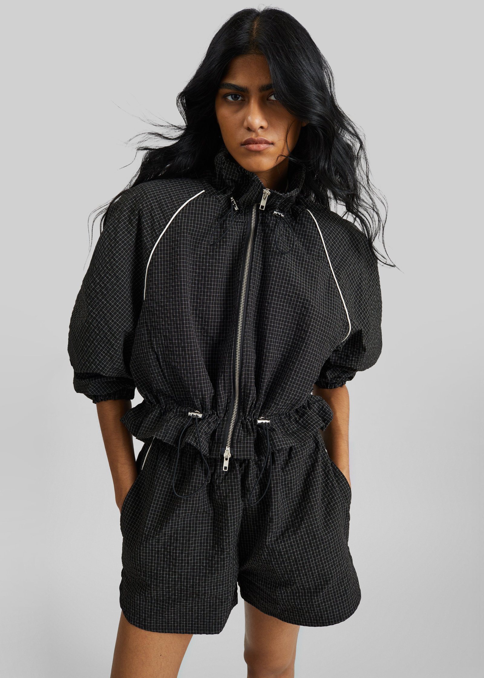Arizona Seersucker Drawstring Track Jacket - Checked Black - Image 8