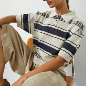 Bolea Knit Polo Top - Beige/Navy Stripe