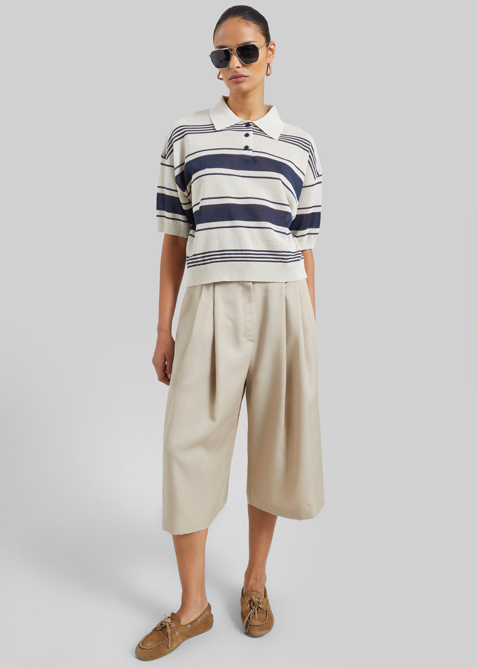Bolea Knit Polo Top - Beige/Navy Stripe - Image 7