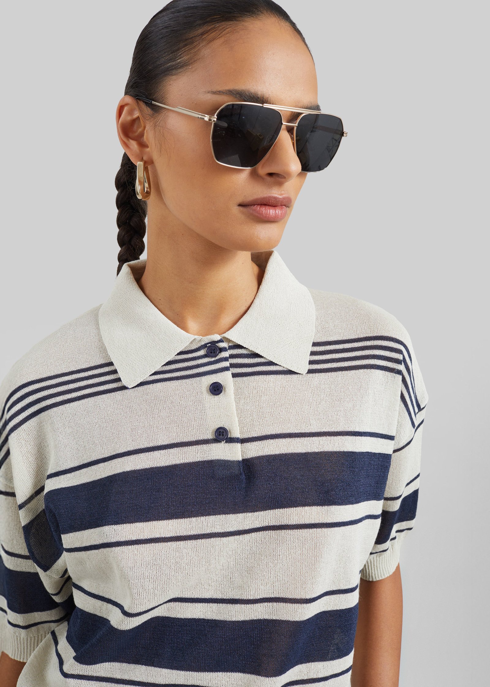 Bolea Knit Polo Top - Beige/Navy Stripe - Image 3
