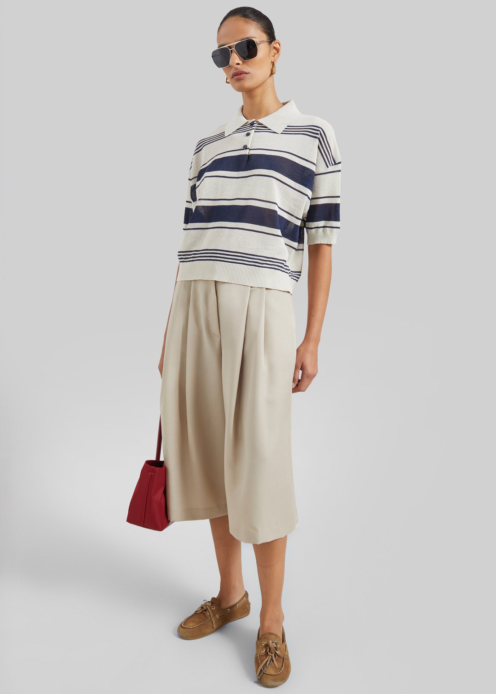 Bolea Knit Polo Top - Beige/Navy Stripe - Image 4