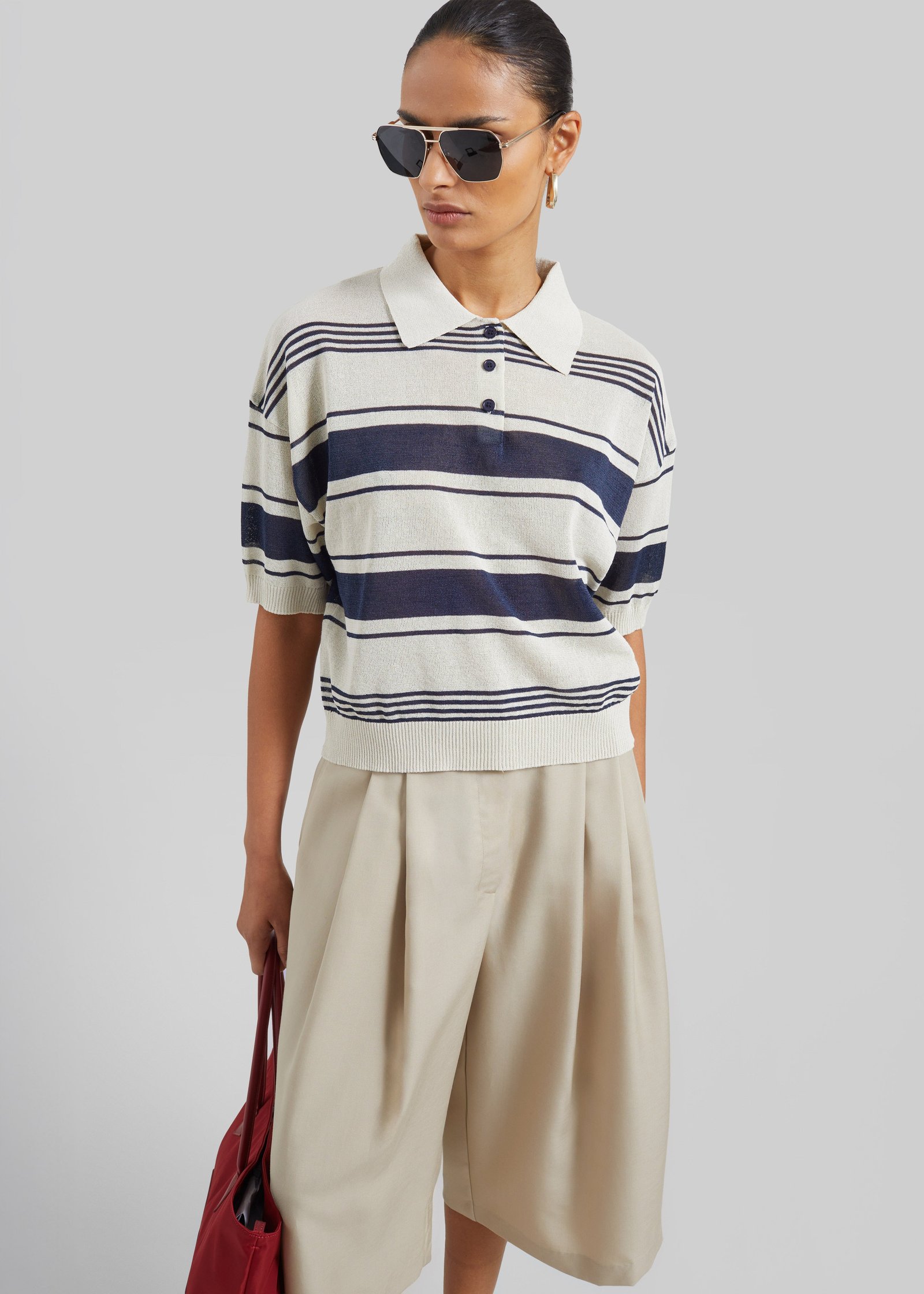 Bolea Knit Polo Top - Beige/Navy Stripe - Image 2
