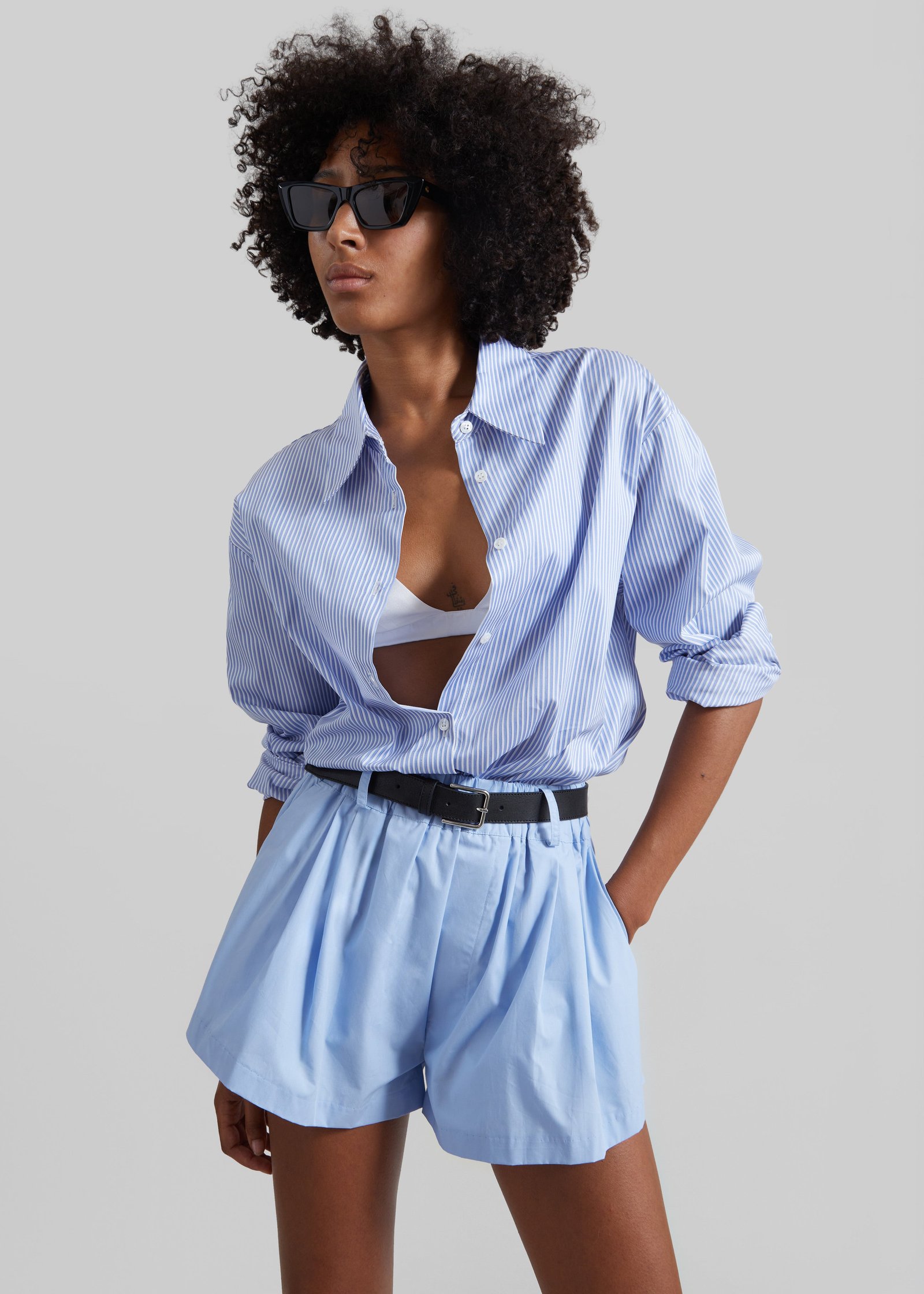 Castalia Cotton Gathered Shorts - Sky Blue - Image 5