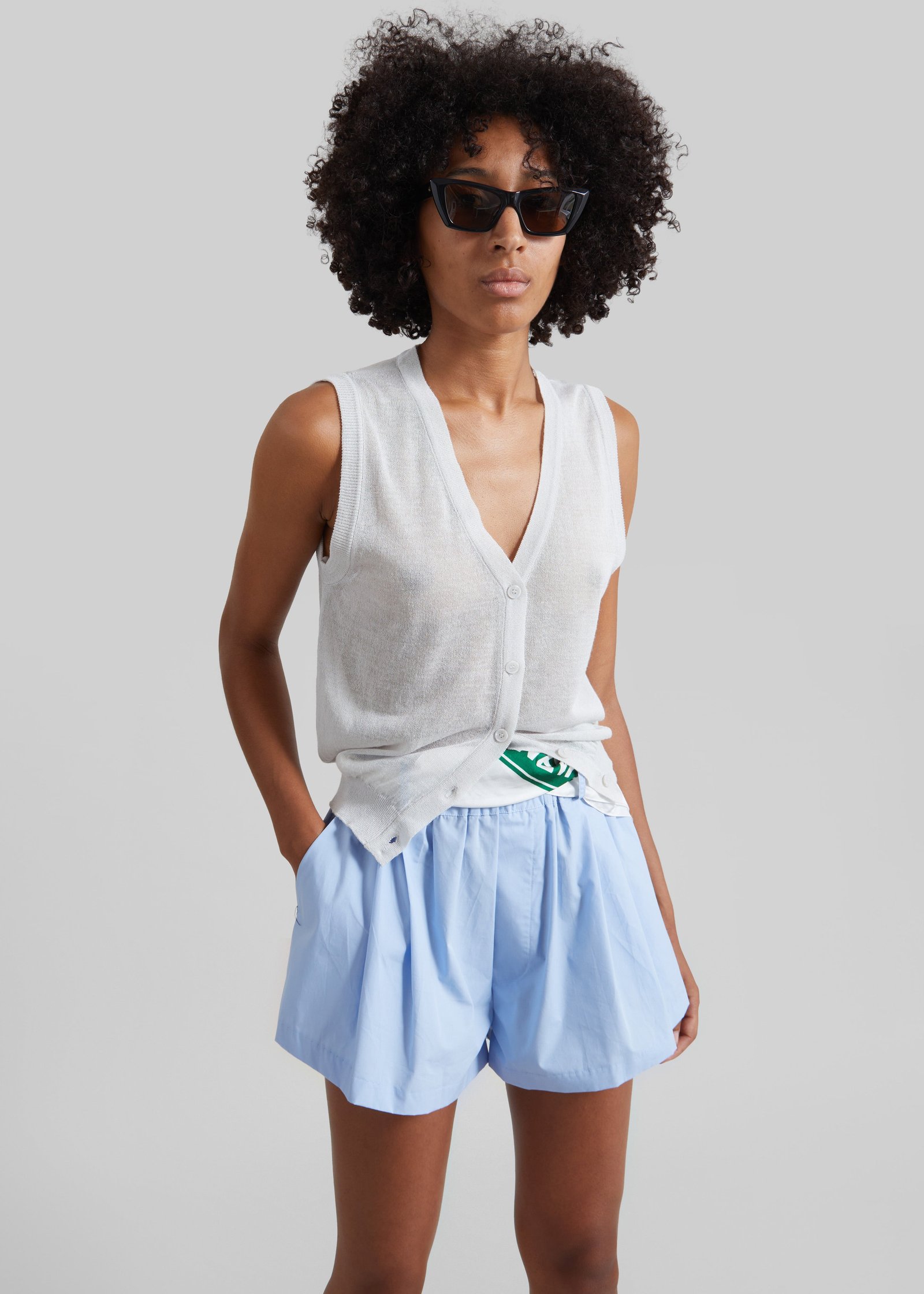 Castalia Cotton Gathered Shorts - Sky Blue - Image 6
