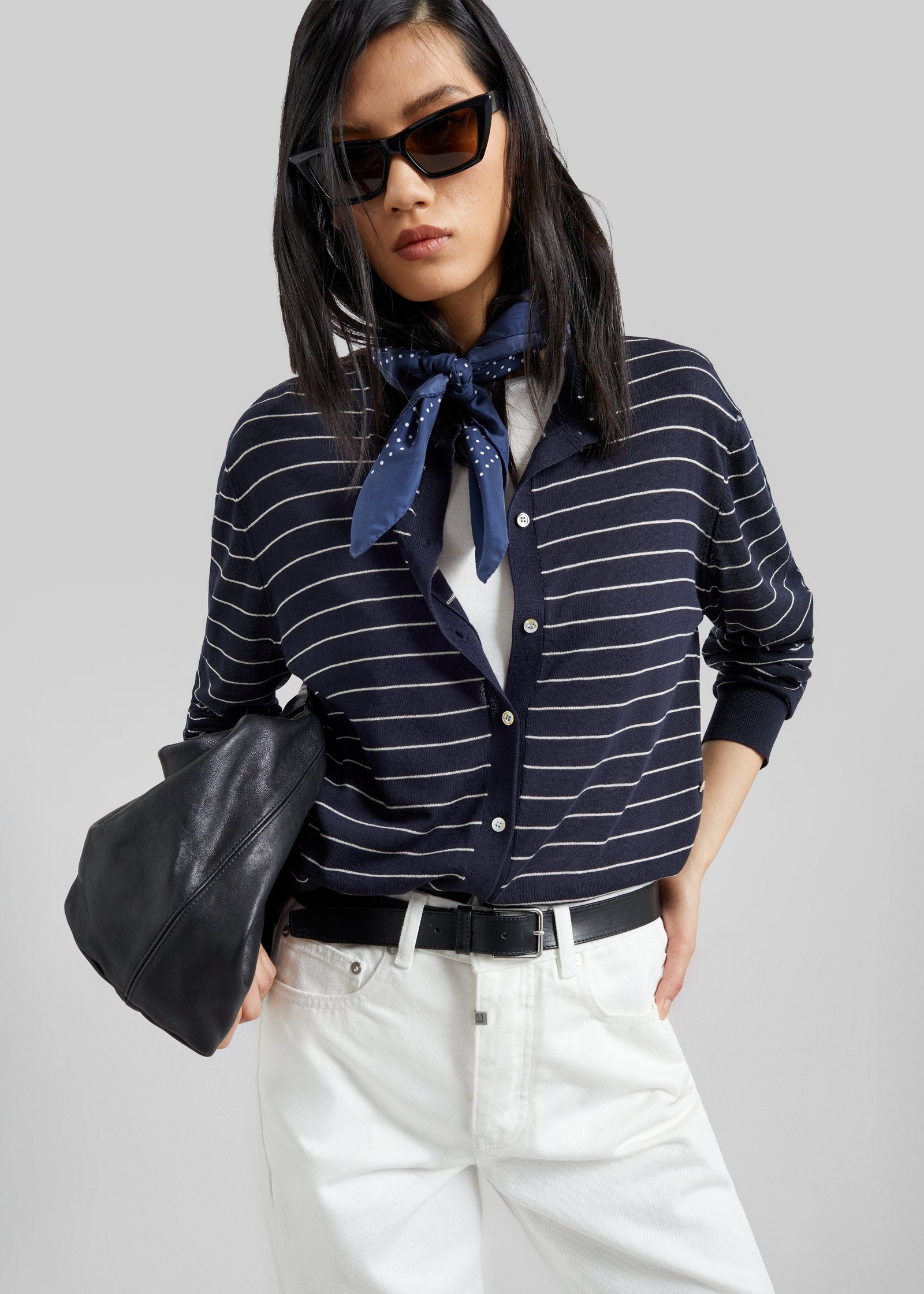 Hossegor Fine Knit Cardigan - Navy/White Stripe - Image 2