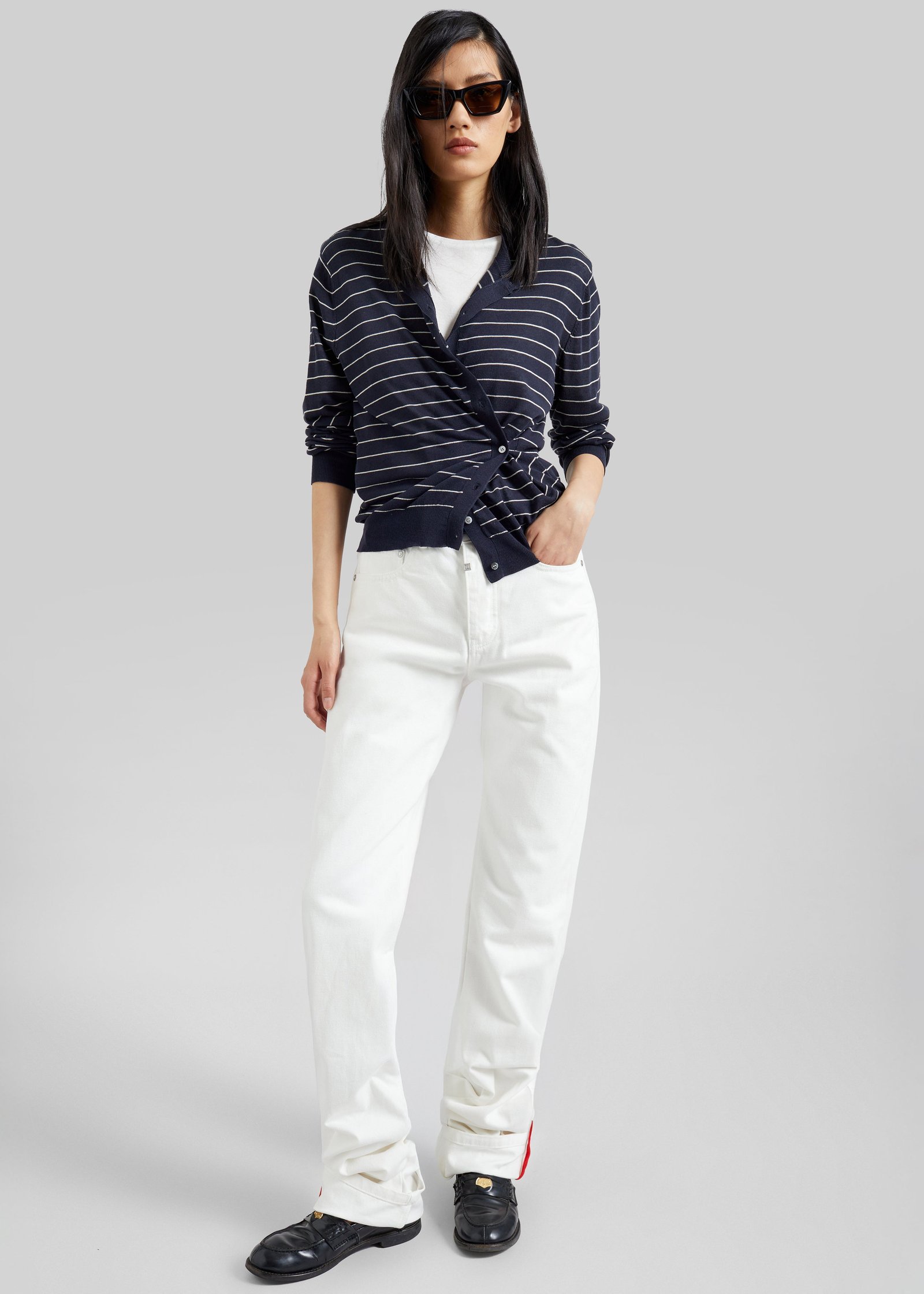 Hossegor Fine Knit Cardigan - Navy/White Stripe - Image 4