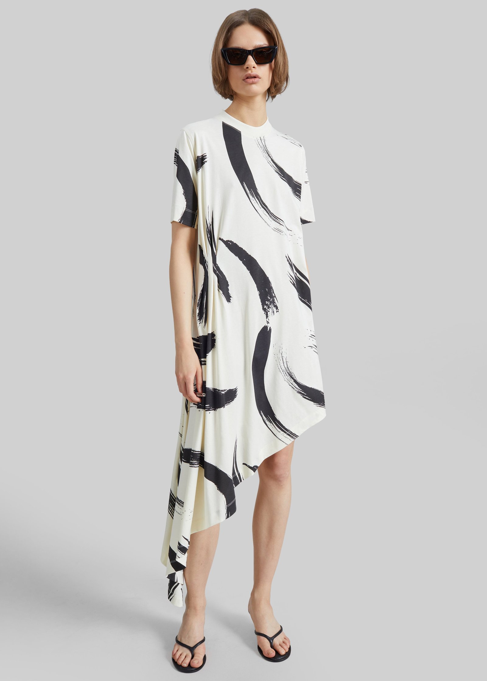 Loulou de Saison Liya Asymmetrical Cotton Dress - Ivory/Black - Image 4