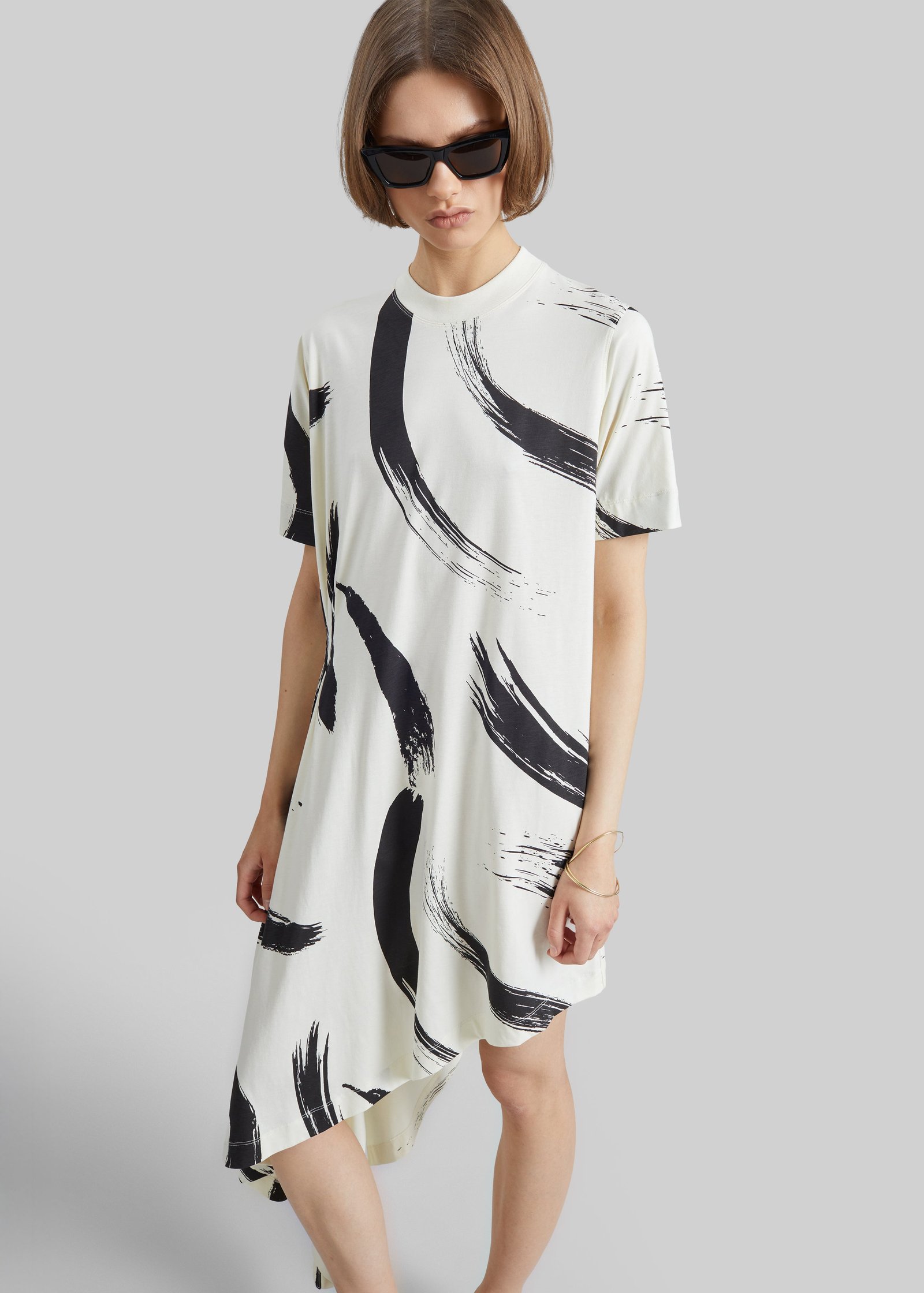 Loulou de Saison Liya Asymmetrical Cotton Dress - Ivory/Black - Image 2