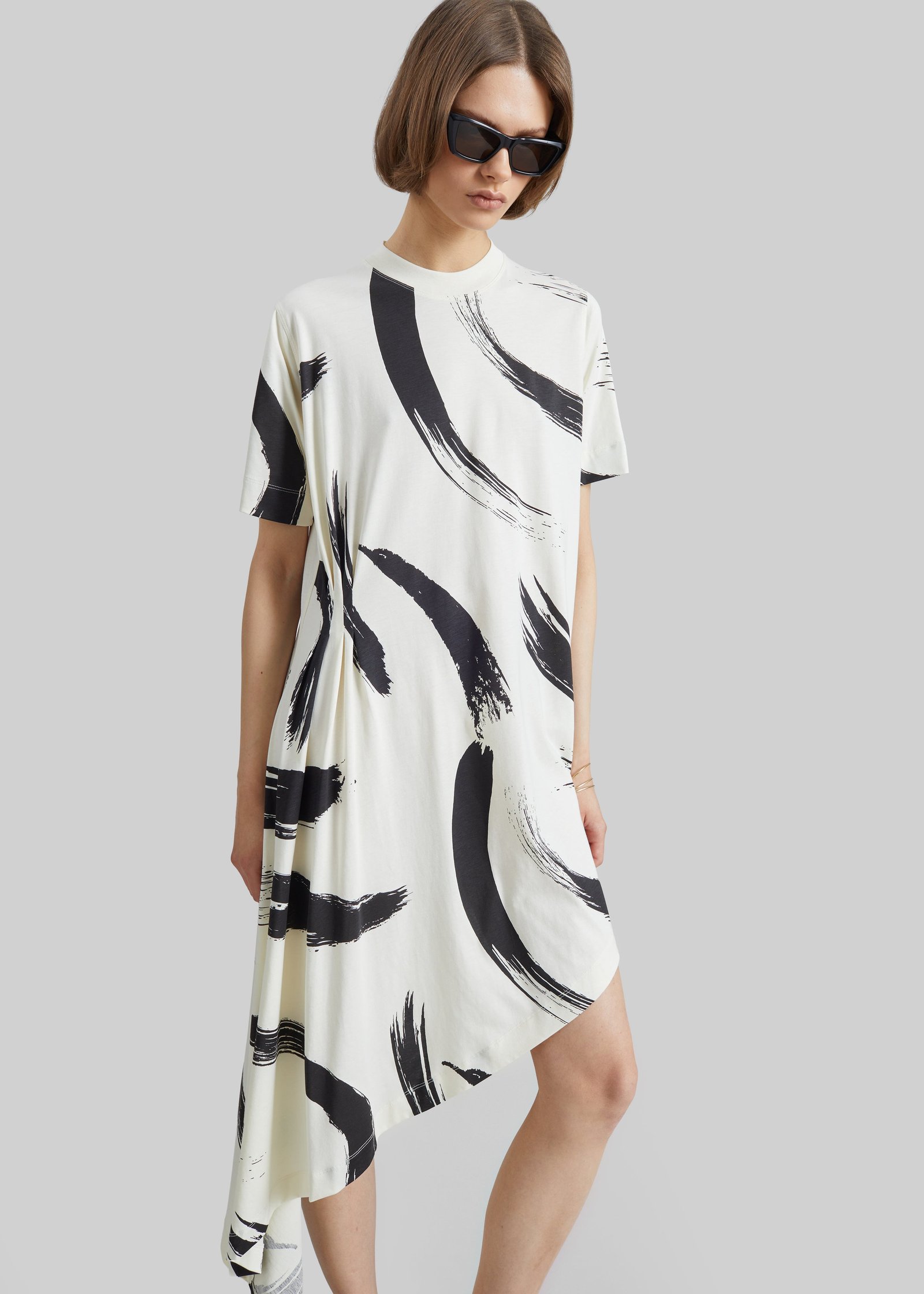 Loulou de Saison Liya Asymmetrical Cotton Dress - Ivory/Black - Image 5