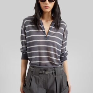 Nelas Knit Sheer Zip Pullover - Grey Stripe
