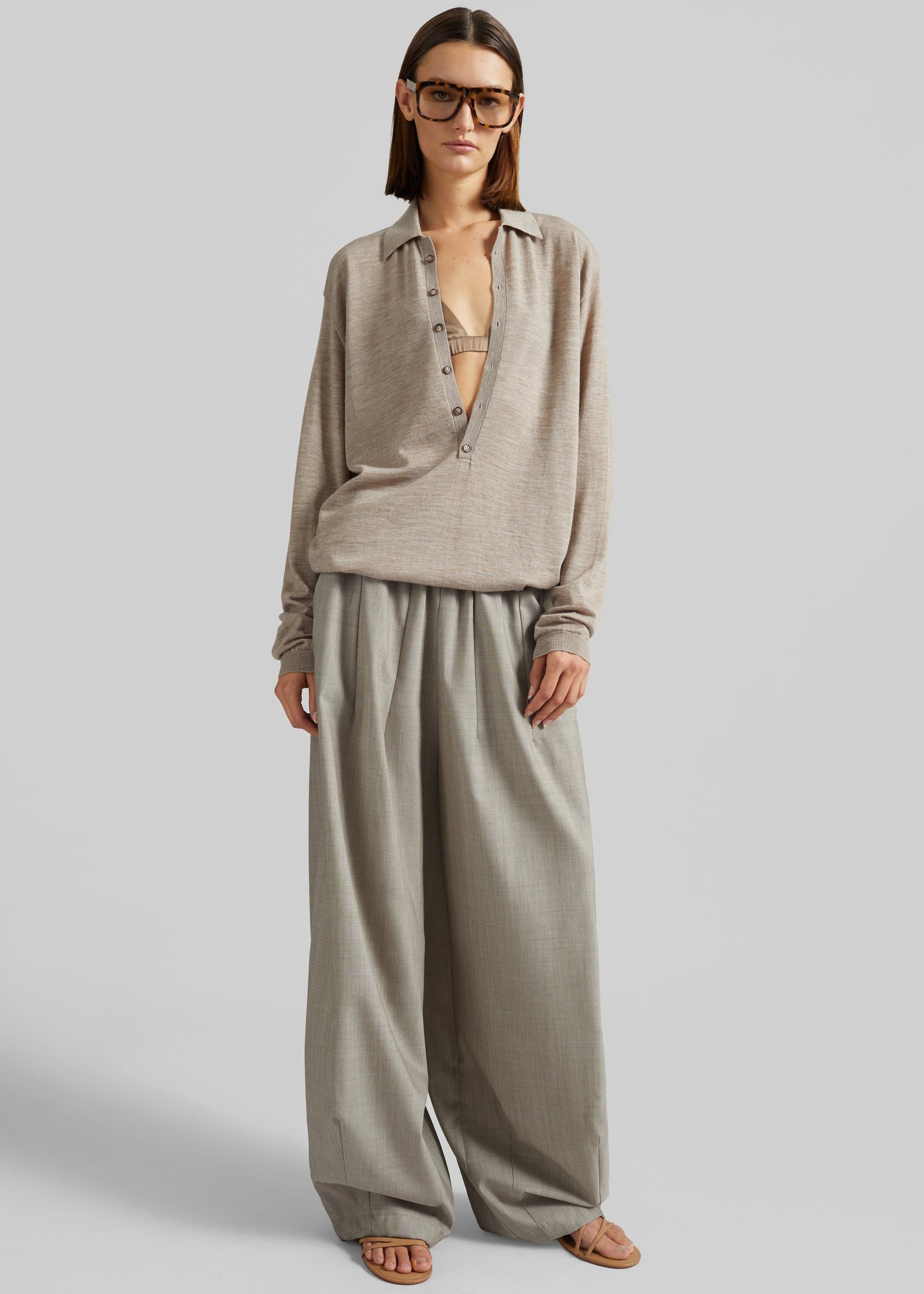 Tala Knit V-Neck Polo - Taupe Melange - Image 7