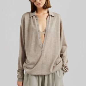 Tala Knit V-Neck Polo - Taupe Melange