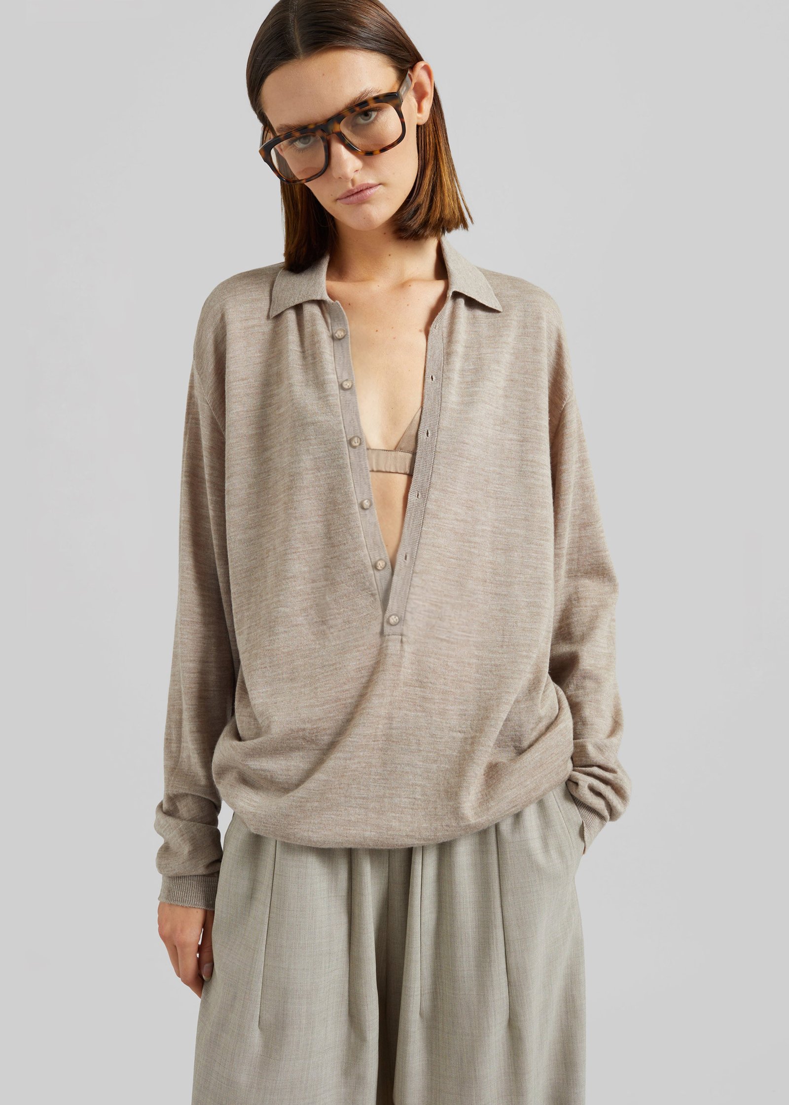 Tala Knit V-Neck Polo - Taupe Melange