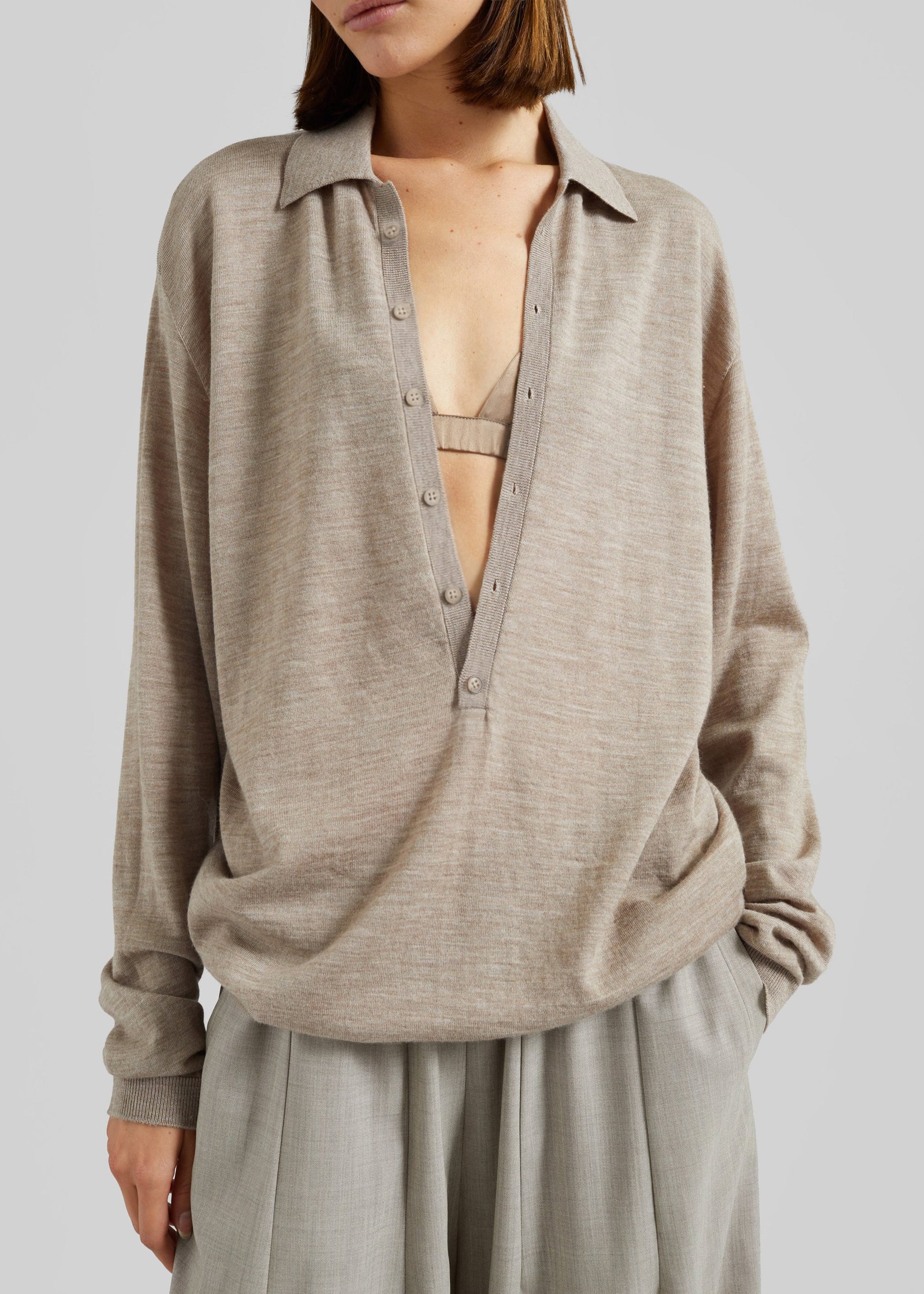 Tala Knit V-Neck Polo - Taupe Melange - Image 8