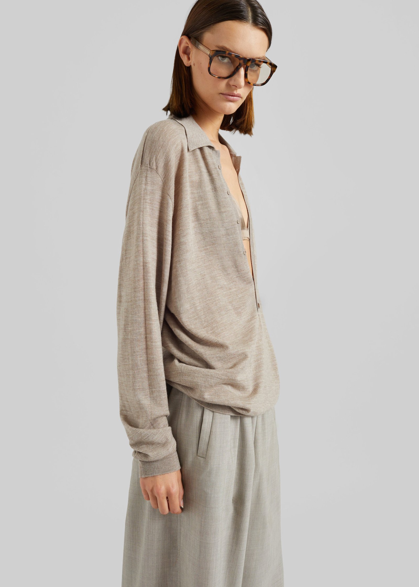 Tala Knit V-Neck Polo - Taupe Melange - Image 2