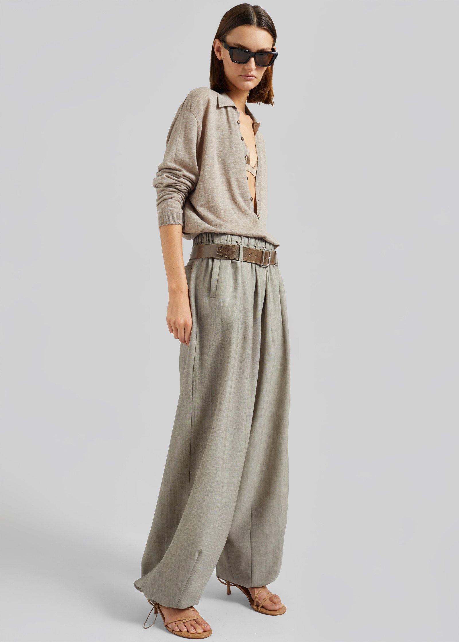 Tala Knit V-Neck Polo - Taupe Melange - Image 9