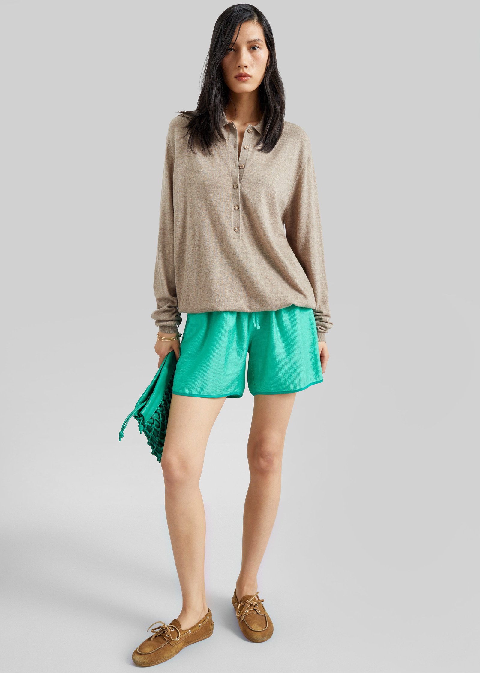 Tala Knit V-Neck Polo - Taupe Melange - Image 6